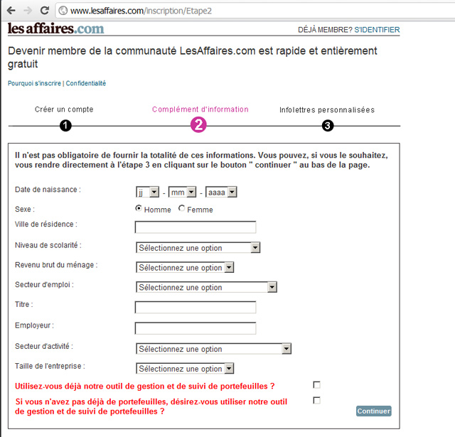 Formulaire d'inscription sur les affaires.com, deuxième étape