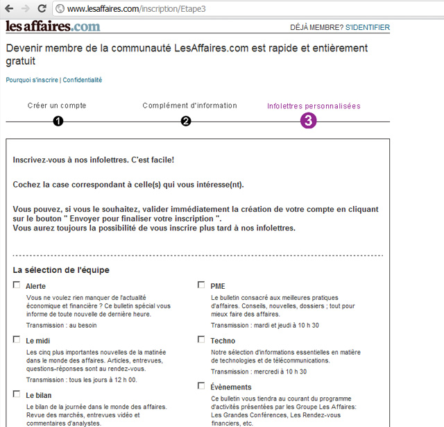 Formulaire d'inscription sur les affaires.com, troisième étape